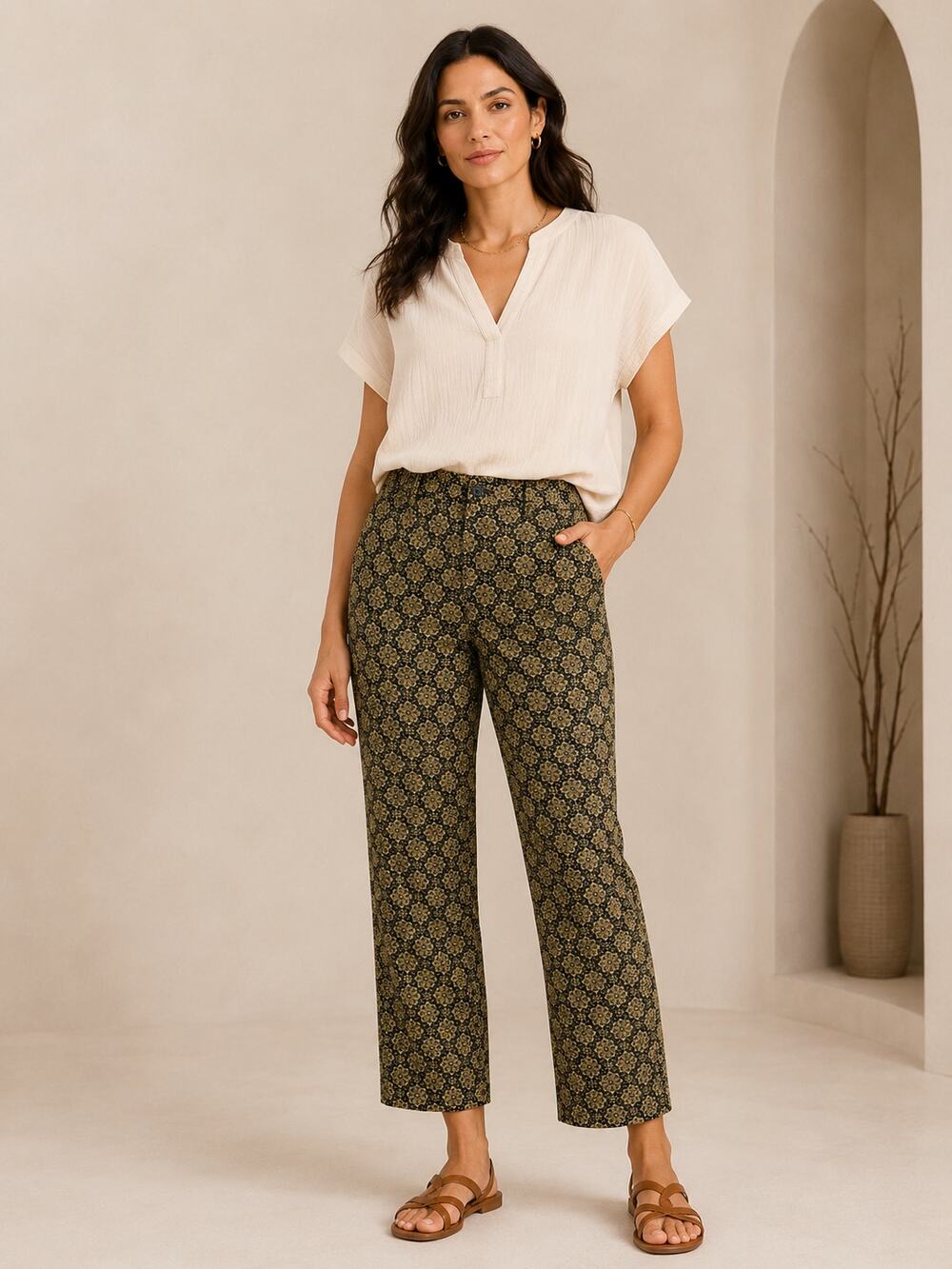 Harold's Green Jacquard Floral Dress Pants Size 12 Made in USA